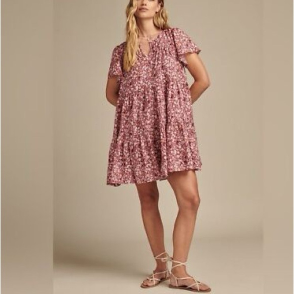 Lucky Brand Women's Floral Printed Tiered Mini Dress Mauve Multi Cottagecore